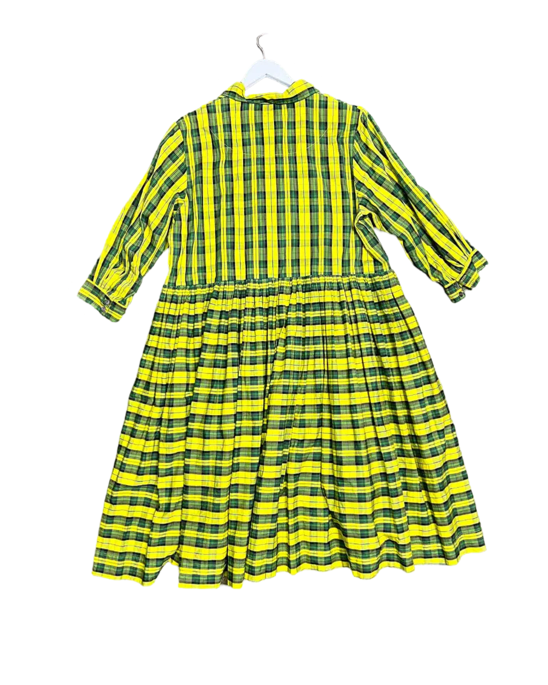Size 5 (XXL) | Penelope Durston Yellow and Green Plaid Midi Shirt Dress