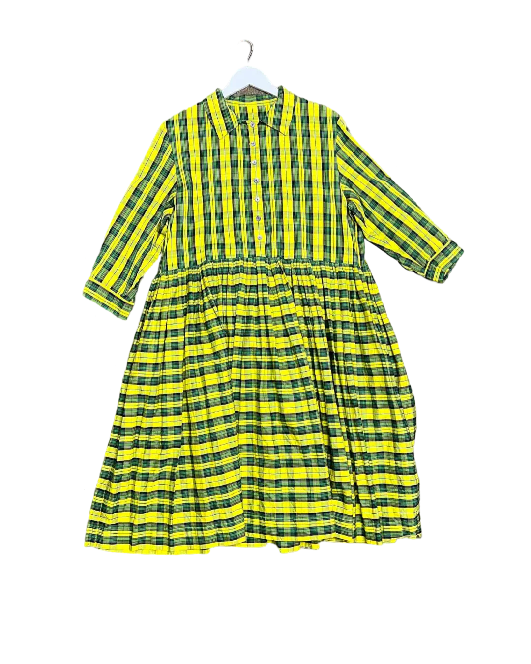 Size 5 (XXL) | Penelope Durston Yellow and Green Plaid Midi Shirt Dress