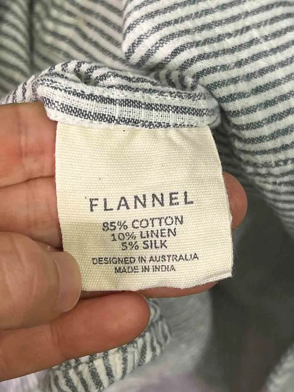 Size L | Flannel Blue and White Stripe Silk and Linen Blend Seersucker Long Sleeve Shirt