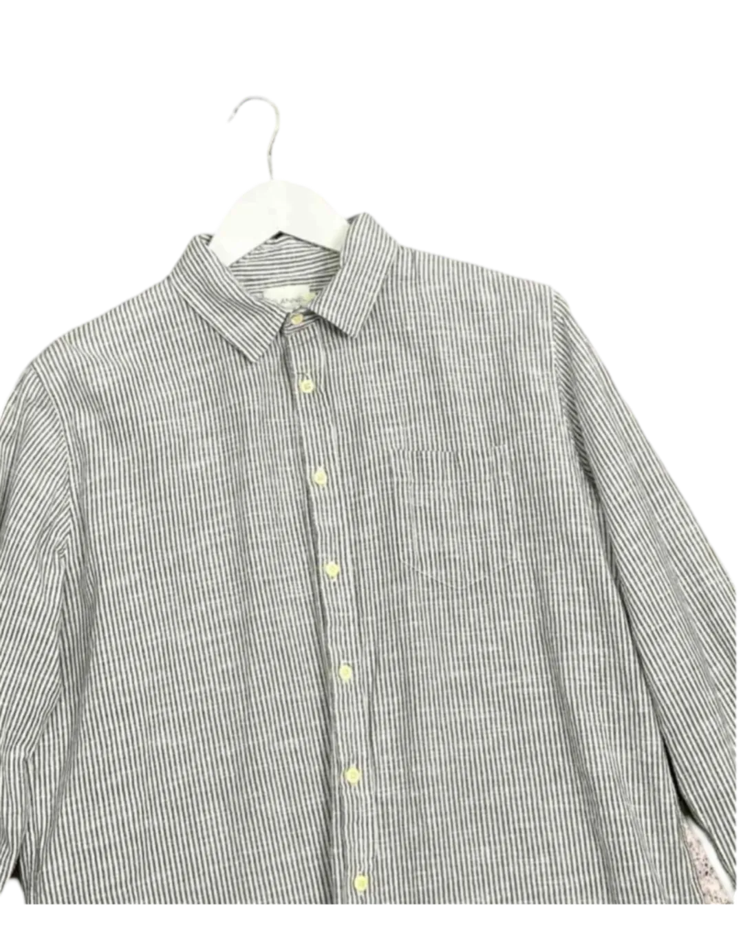 Size L | Flannel Blue and White Stripe Silk and Linen Blend Seersucker Long Sleeve Shirt