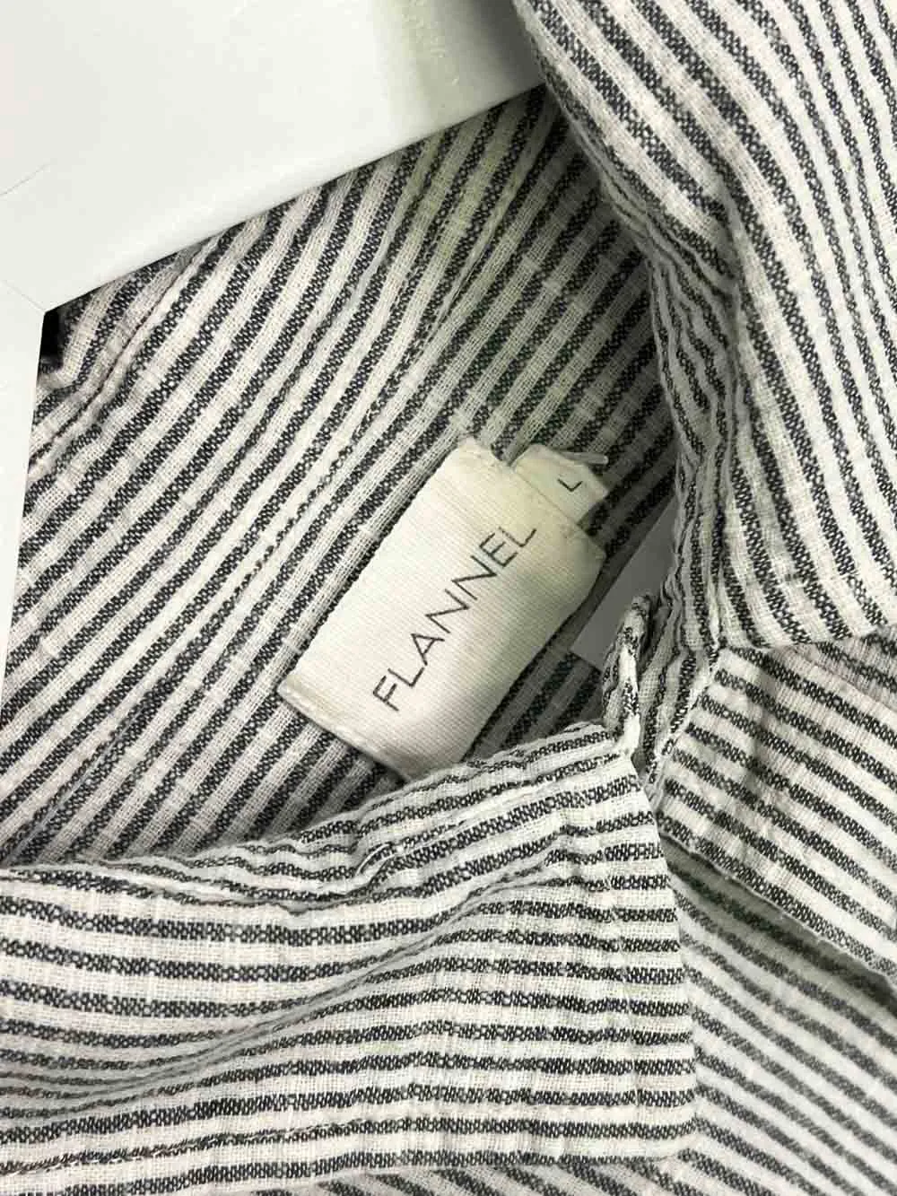 Size L | Flannel Blue and White Stripe Silk and Linen Blend Seersucker Long Sleeve Shirt
